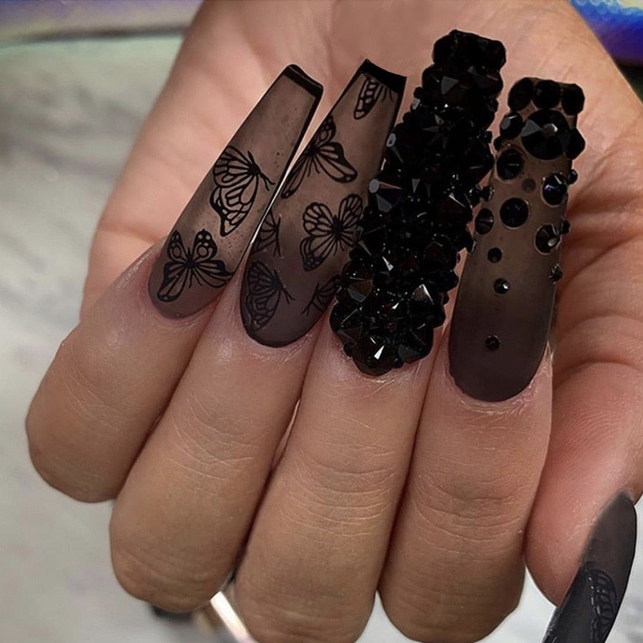 24Pcs Wearable False Nails with glue Long Ballerina Pink Press On Nails French Full Cover Coffin Fake Nails tip with rhinestones