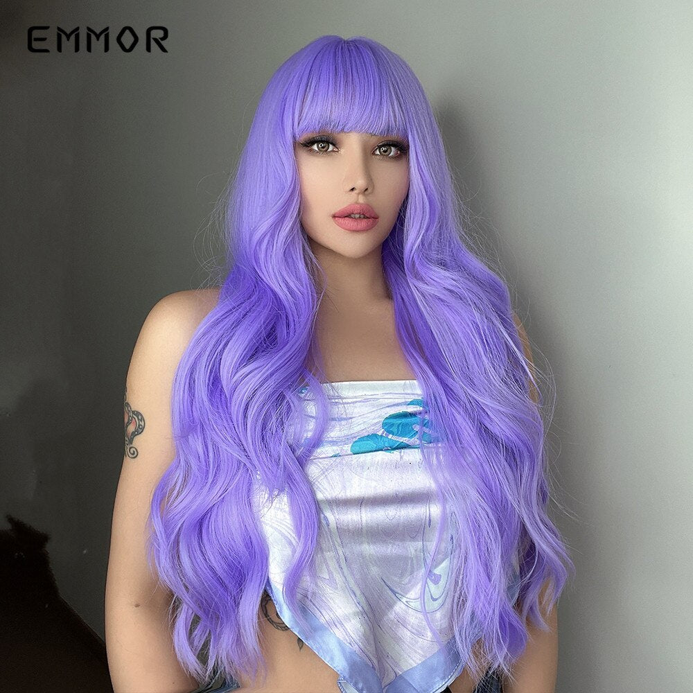 Synthetic Purple Wigs for Women Cosplay Party Lolita Wigs Bangs High Temperature Fiber  Natural  Long Body Wave Hair Wigs