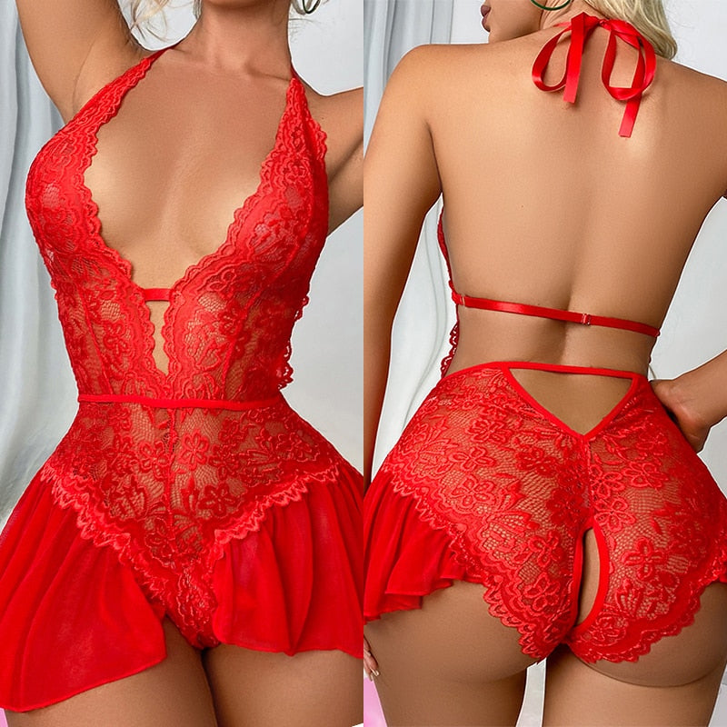 Erotic Costumes Wedding Underwear Open Crotch deep v Lace Women Babydoll Dress Dirty Women Sexy Lingerie Nightdress Sleepwear