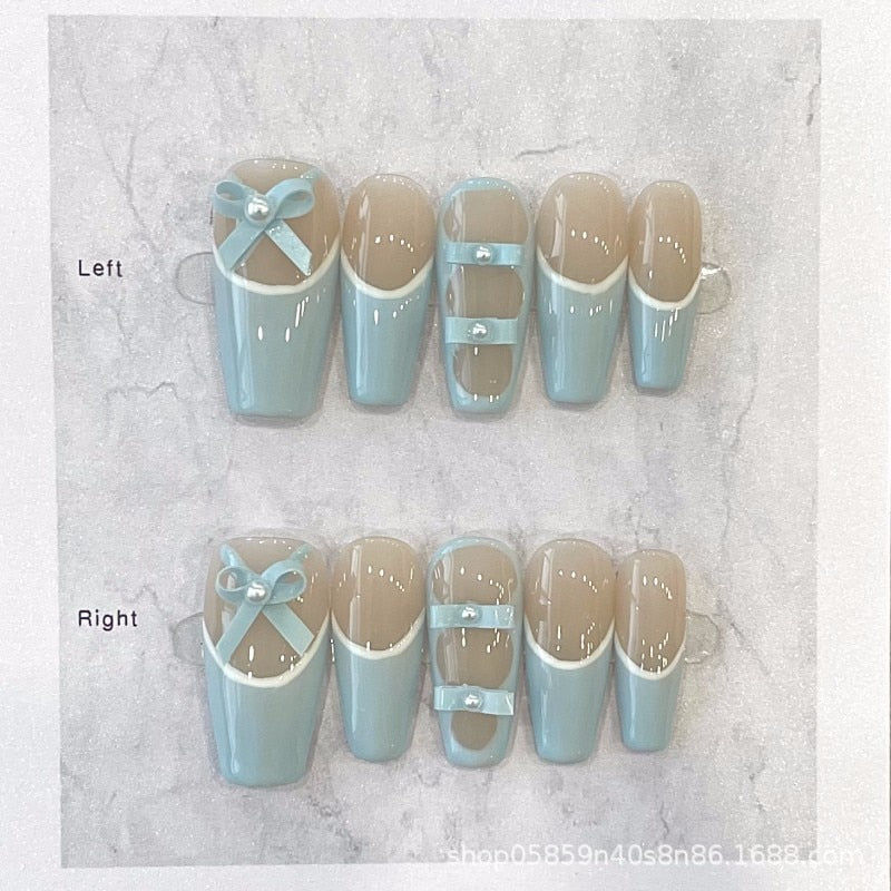 10 Piece For Set White Bow French Style fake nail patch Fairy Dreamy Cute Long T False Nail Art Finished Press On Wearable Nail