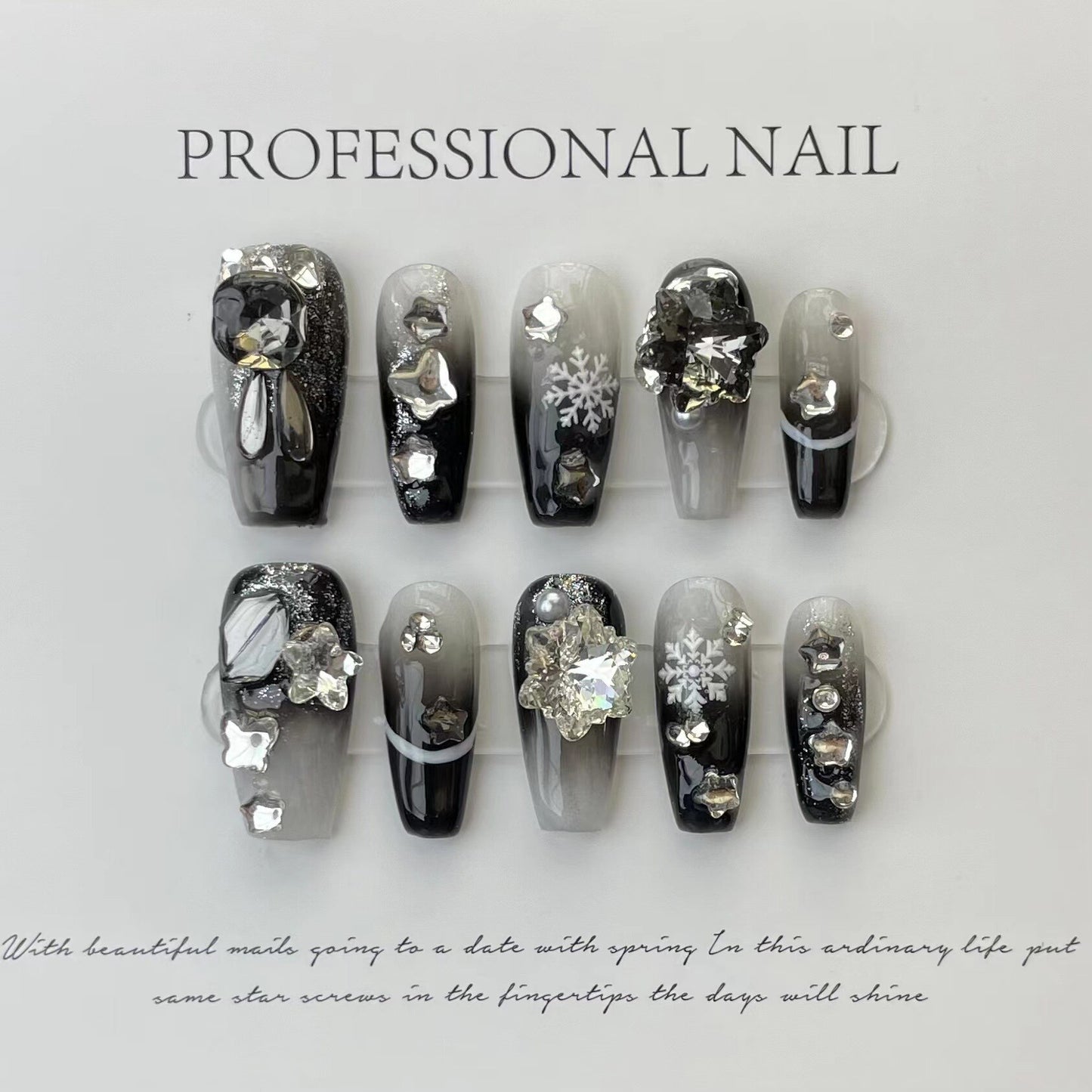 10Pcs Black Y2k False Nails Ballet Handmade Fake Nail Full Cover Nail Tips Wearable Professional Press on Nails with Rhinestone