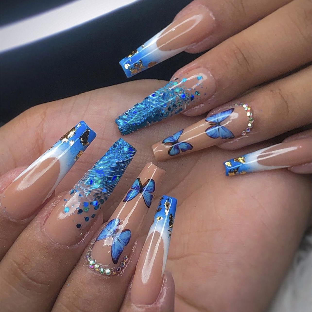 24Pcs Wearable False Nails with glue Long Ballerina Pink Press On Nails French Full Cover Coffin Fake Nails tip with rhinestones