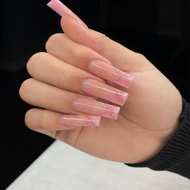 24Pcs Wearable False Nails with glue Long Ballerina Pink Press On Nails French Full Cover Coffin Fake Nails tip with rhinestones