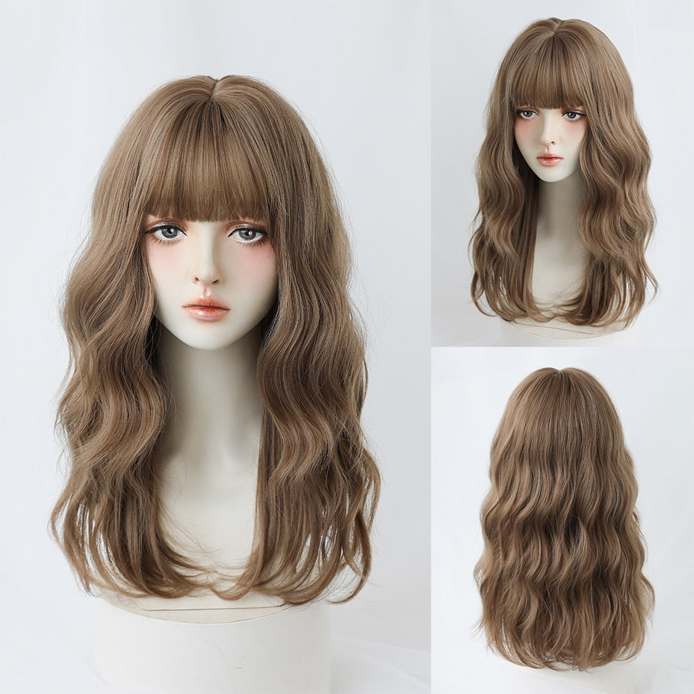 Long Curly Hair Women Wig with Bangs Daily Brown Black Pink Lolita Cosplay Braided Wigs Heat Resistant Fiber