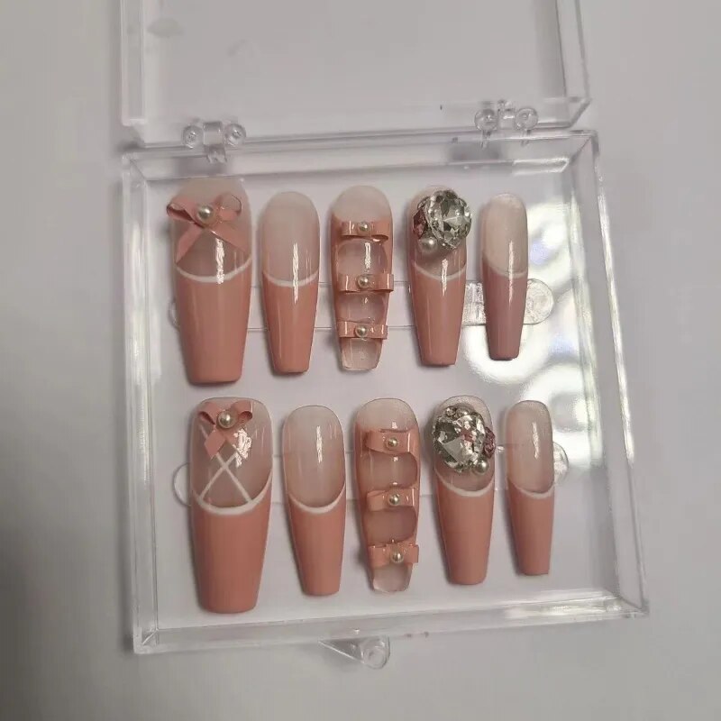 10 Piece For Set White Bow French Style fake nail patch Fairy Dreamy Cute Long T False Nail Art Finished Press On Wearable Nail