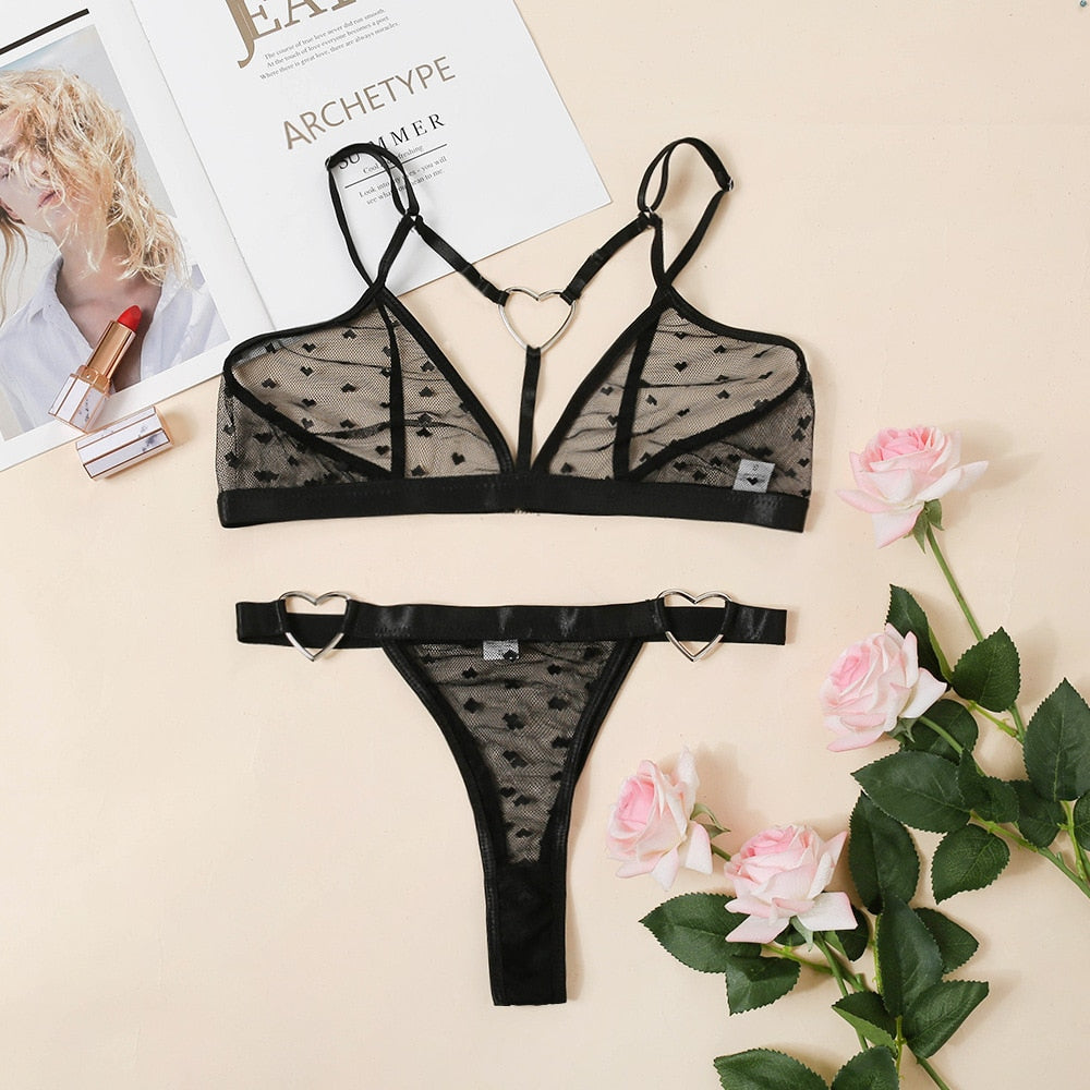 Women Lace Sensual Lingerie Set Sexy Dot Thong Erotic Underwear Mesh See Through Heart Ring Bra Bandage G-string Panties Suit