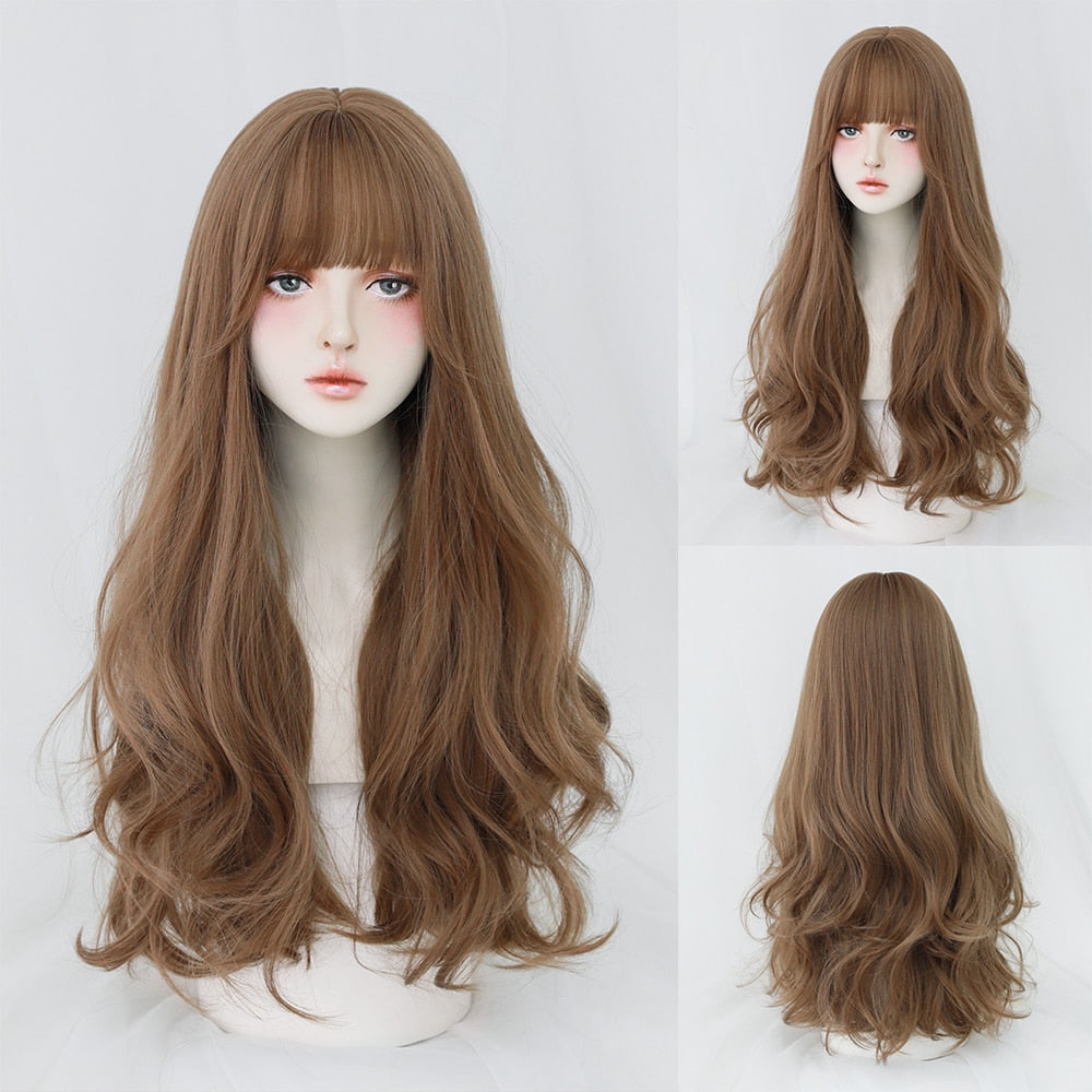 Long Curly Hair Women Wig with Bangs Daily Brown Black Pink Lolita Cosplay Braided Wigs Heat Resistant Fiber