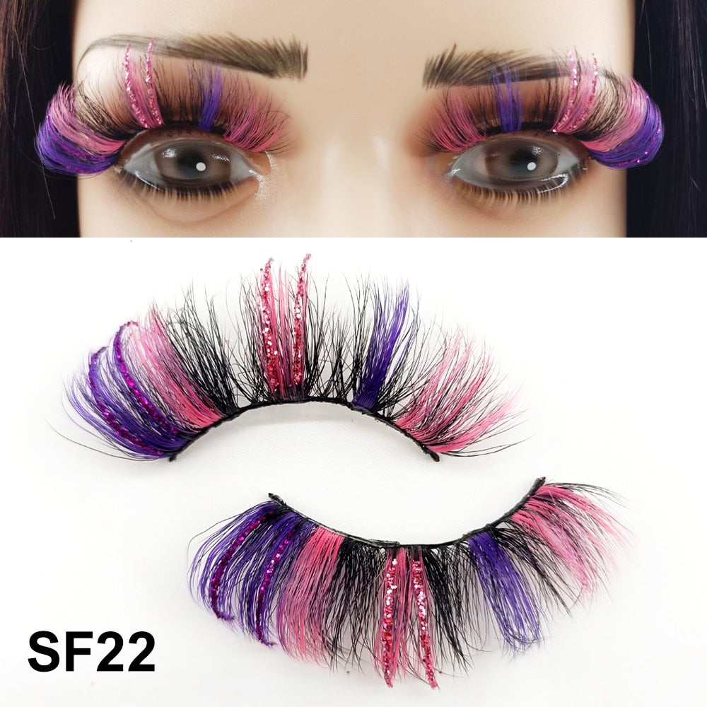 5D Fluffy 18-22MM Glitter Mink Lashes 1 Pair Party Colored Mink Eyelashes Box Package Rainbow Pink White Fake Eyelashes
