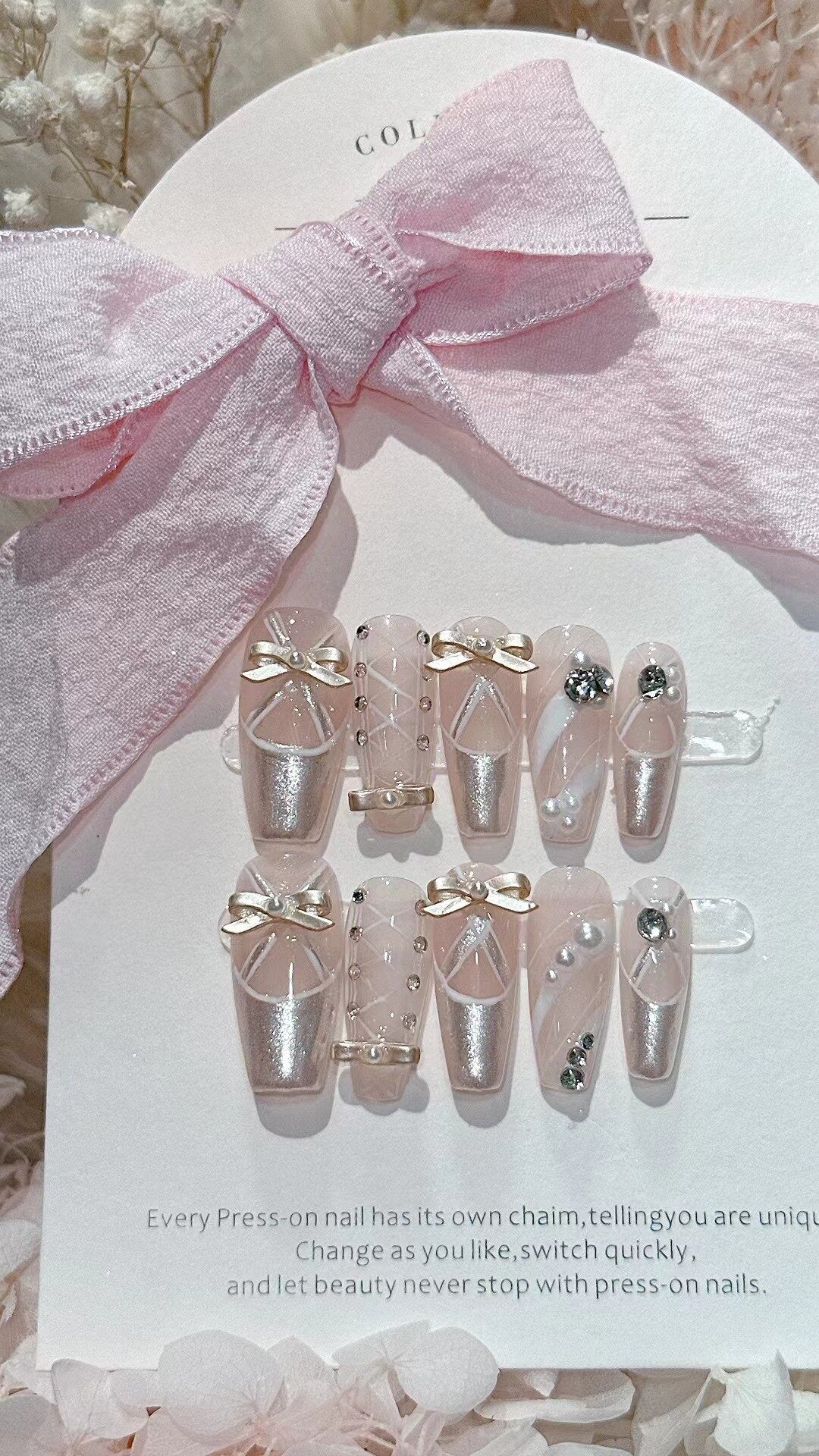 10 Piece For Set White Bow French Style fake nail patch Fairy Dreamy Cute Long T False Nail Art Finished Press On Wearable Nail