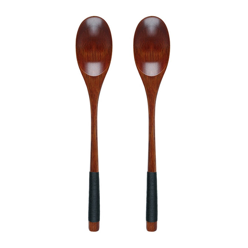 2Pcs Wooden Spoon Fork Dinnerware Set Long Wood Spoon and Fork Set Dessert Soup Spoon Dining Fork Portable Cutlery Tableware