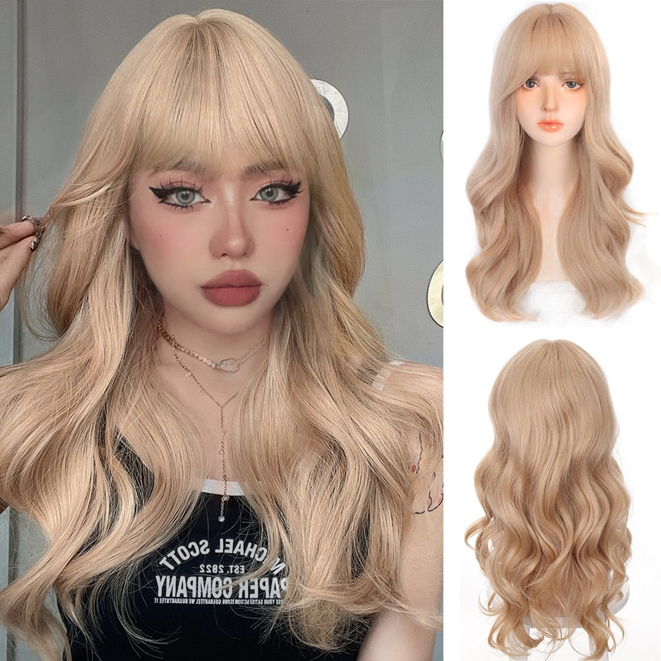 synthesis Long wavy curly girl blonde gradient pink Lolita cosplay curly bangs party wig