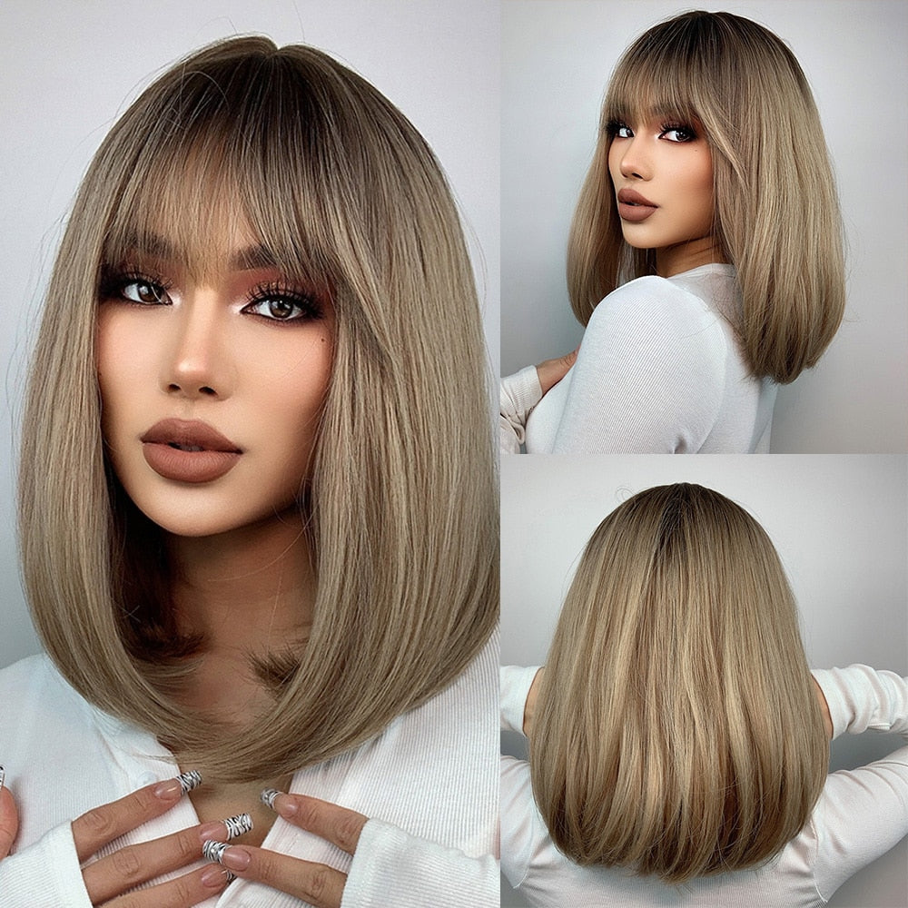 Purple Pink Ombre Black Short Straight Synthetic Wigs with Bangs Bob Wig for Women Daily Cosplay Party Heat Resistant Fake Hairs