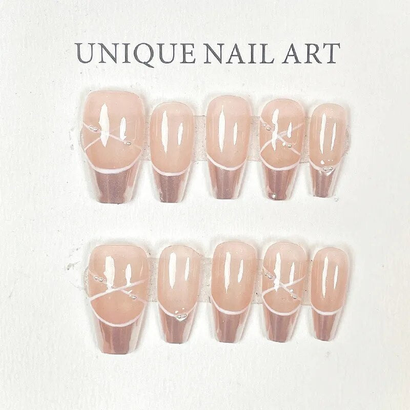 10 Piece For Set White Bow French Style fake nail patch Fairy Dreamy Cute Long T False Nail Art Finished Press On Wearable Nail
