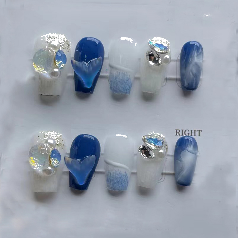 Blue Whale Handmade Wearable Fake Nails Mermaid Ocean Wearing Nails Sticker Reusable Press On Nail Patches Decoration