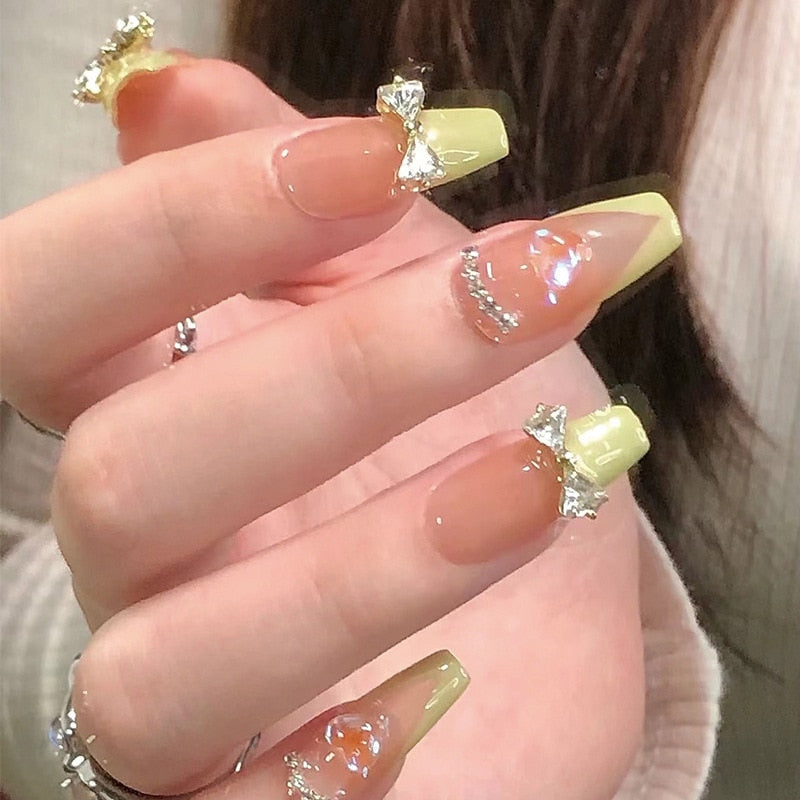 24Pcs 3D Three-dimensional Love Heart False Nails with French Design Long Coffin Wearable Fake Nails Rhinestone Press on Nails Tips