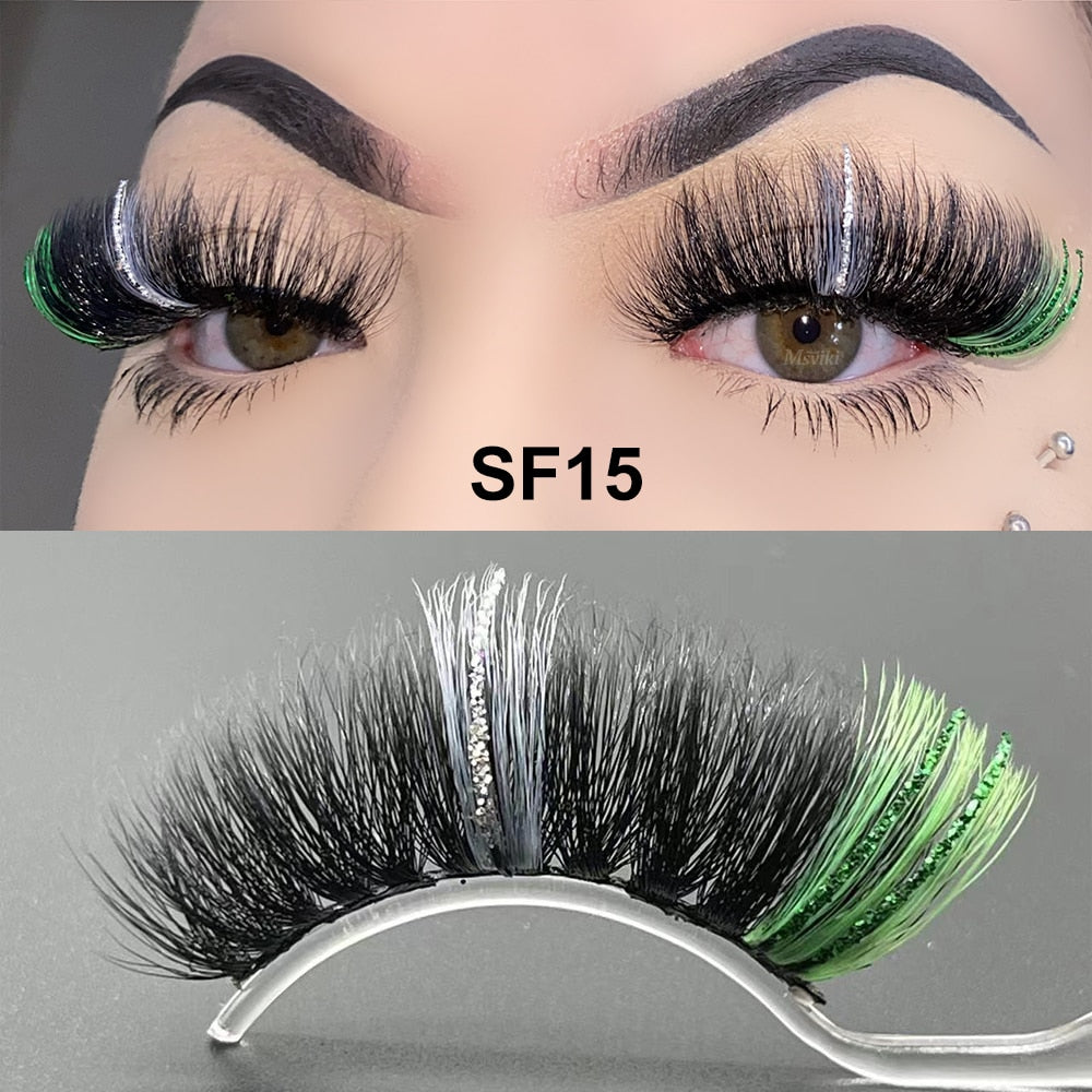 5D Fluffy 18-22MM Glitter Mink Lashes 1 Pair Party Colored Mink Eyelashes Box Package Rainbow Pink White Fake Eyelashes