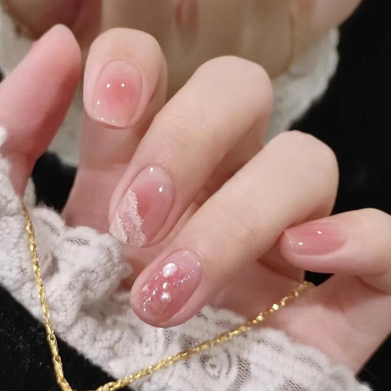 24pcs Press on Nails Short Fake Nails with Glue Jelly Gradient Design Detachable Artificial Nail Acrylic Coffin False Nails Tips