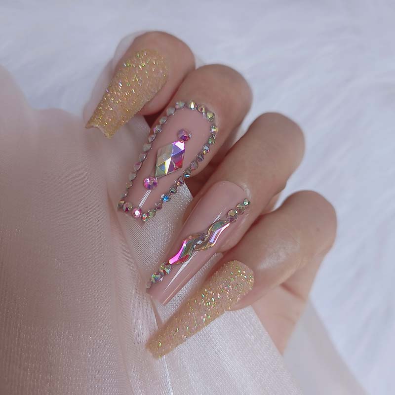 24pcs luxury jewelry long ballet coffin fake nails crystal diamond Transparent