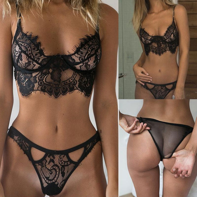 Women Sexy Lace Underwear Set Erotic Ladies Lingerie See-through Bra Thong Mini Babydoll Briefs Underpants Black Bodysuit