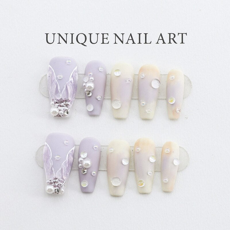 Fishtail Style Handmade Fake Nail Pink And  Blue With Pearls Medium T-shaped Removable And Reuse Press On Nail Sticker With Glue