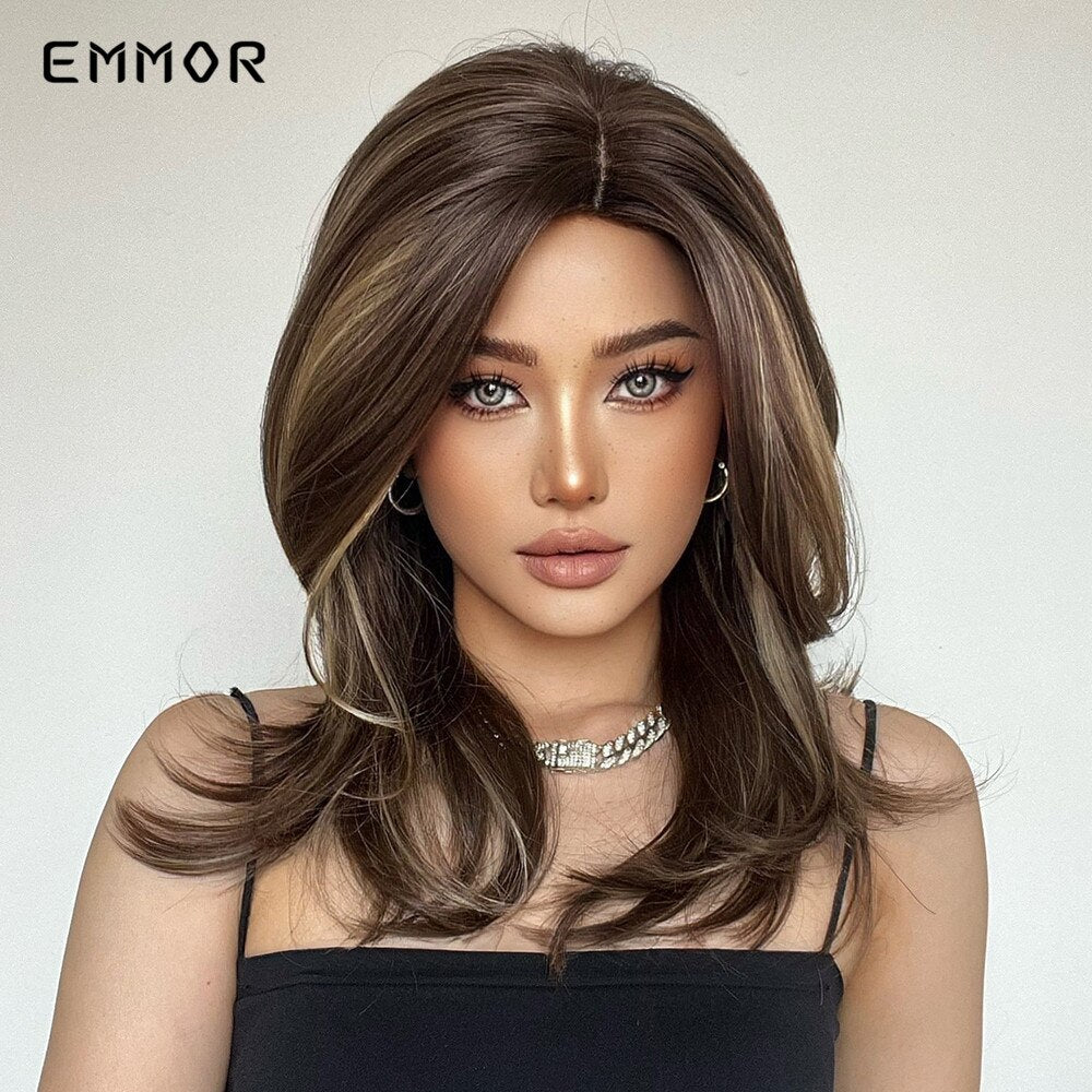 Synthetic Women Long Wavy Wigs Brown with Blonde Wigs Natural Wavy Heat Resistant Wig for Women Wigs