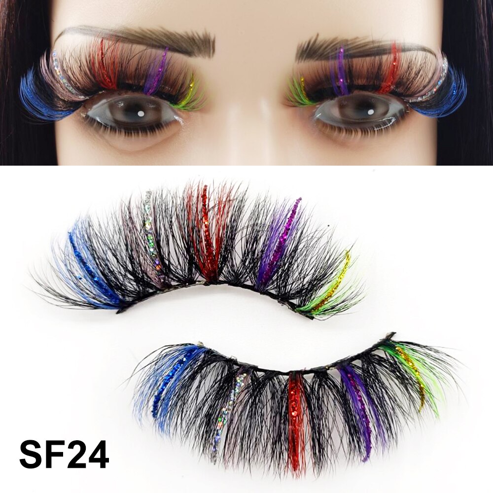 5D Fluffy 18-22MM Glitter Mink Lashes 1 Pair Party Colored Mink Eyelashes Box Package Rainbow Pink White Fake Eyelashes