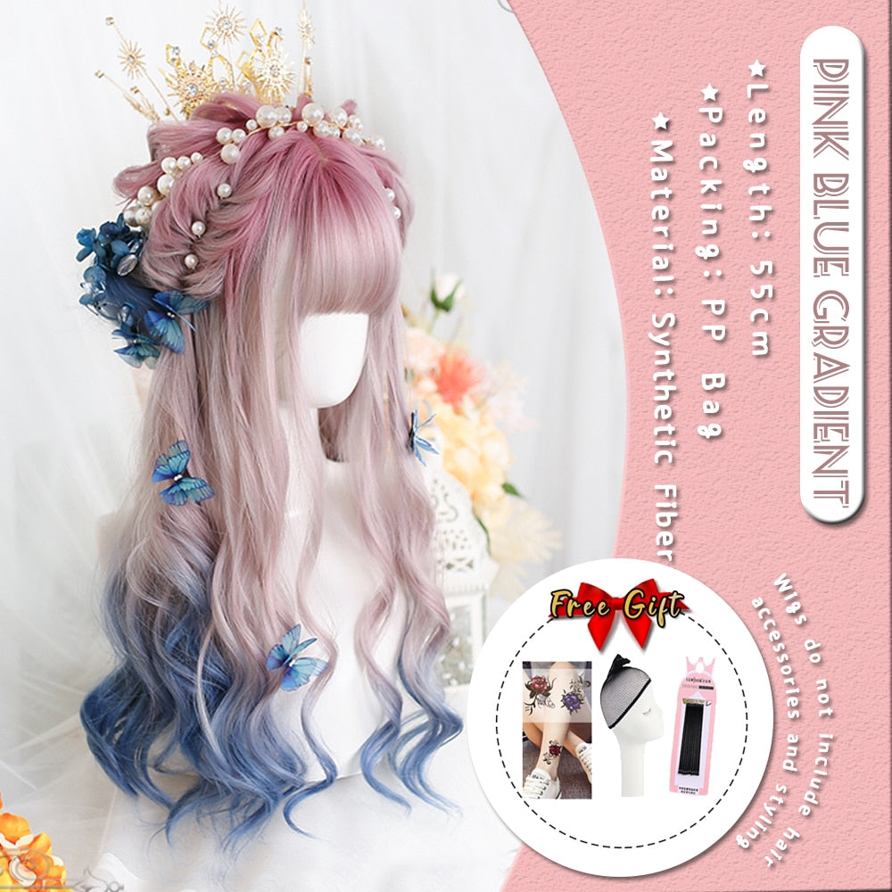 Extra Long Curly Hair with Bangs Cosplay Party Lolita Synthetic Wigs Heat Resistant Fiber