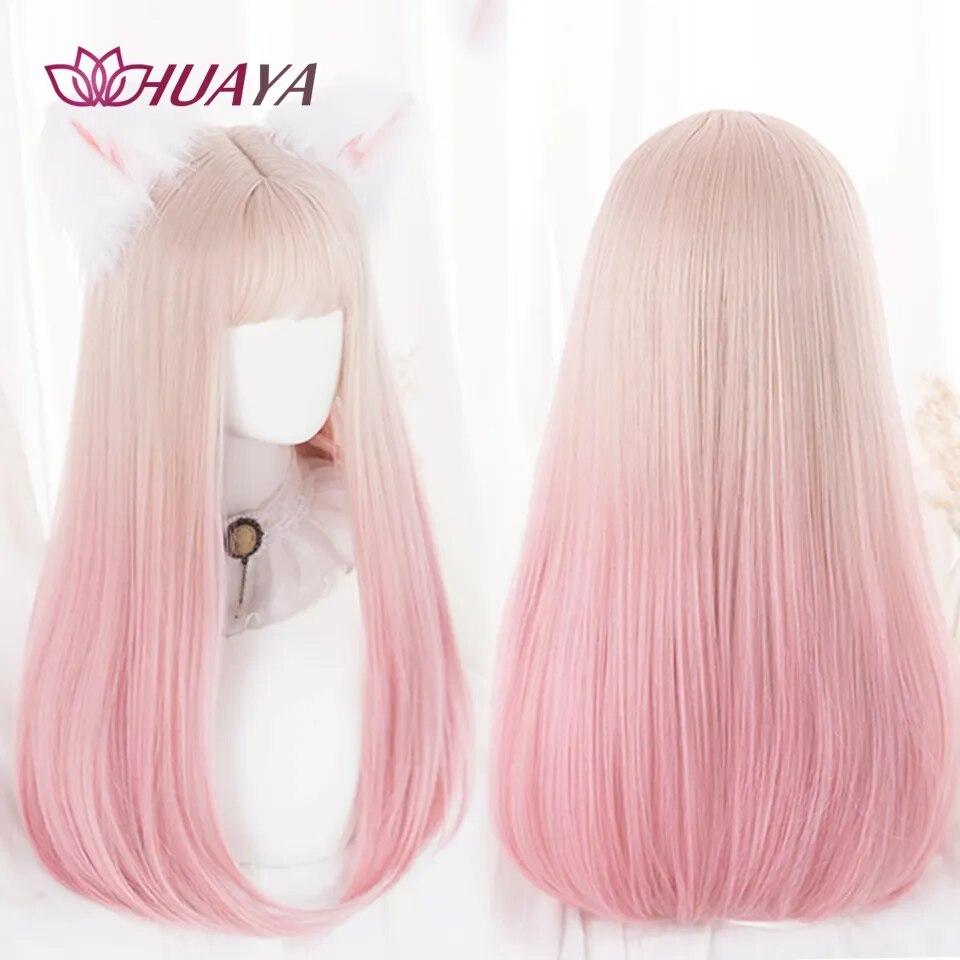 Long Straight Wig with Bangs Purple-White Heat Resistant Synthetic Hair Wigs for African American Girl Lolita Cosplay Wig