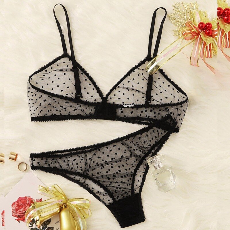 Women Lace Sensual Lingerie Set Sexy Dot Thong Erotic Underwear Mesh See Through Heart Ring Bra Bandage G-string Panties Suit
