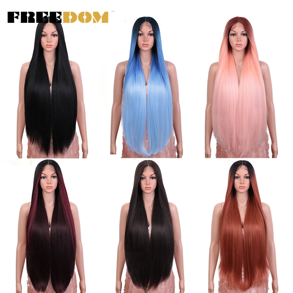 Straight Synthetic Lace Wigs For Women Ombre Brown Handtied Lace Wig 36 Inch Middle Part Long Blue Pink Cosplay Wig