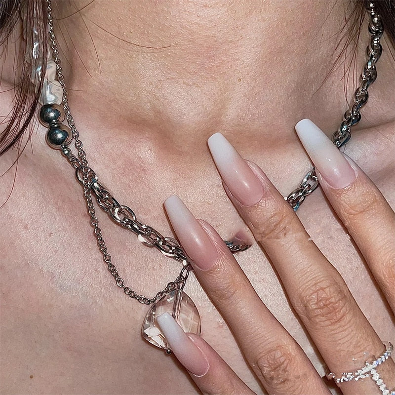 24Pcs Wearable False Nails with glue Long Ballerina Pink Press On Nails French Full Cover Coffin Fake Nails tip with rhinestones
