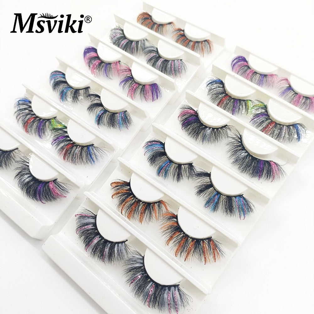 5D Fluffy 18-22MM Glitter Mink Lashes 1 Pair Party Colored Mink Eyelashes Box Package Rainbow Pink White Fake Eyelashes