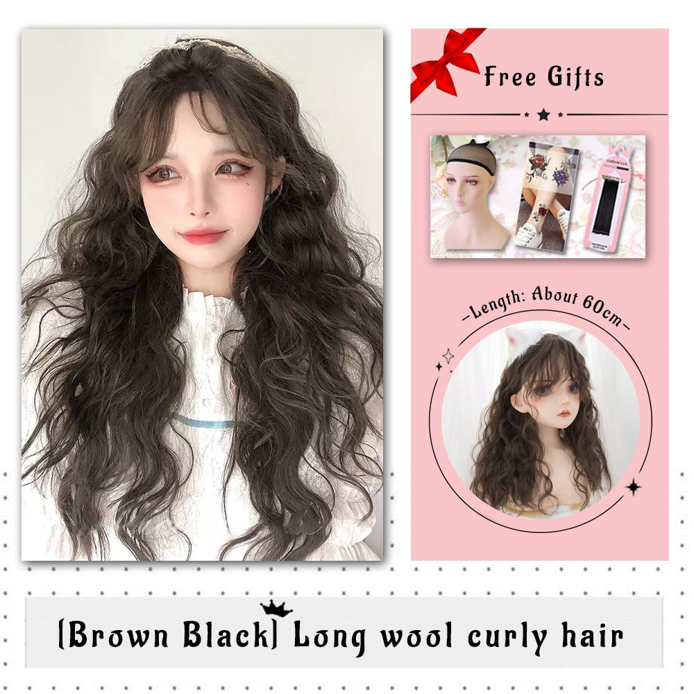 Brown Black Gold Wool Roll Synthetic Wig For Women Long Roll Wig Bangs Cosplay Party Heat Resistant Hair