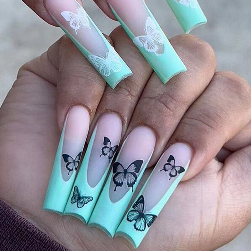 24Pcs Yellow False Nails Long Coffin Flower Butterfly with Rhinestones French Design Wearable Fake Nails Press on Nails Tips