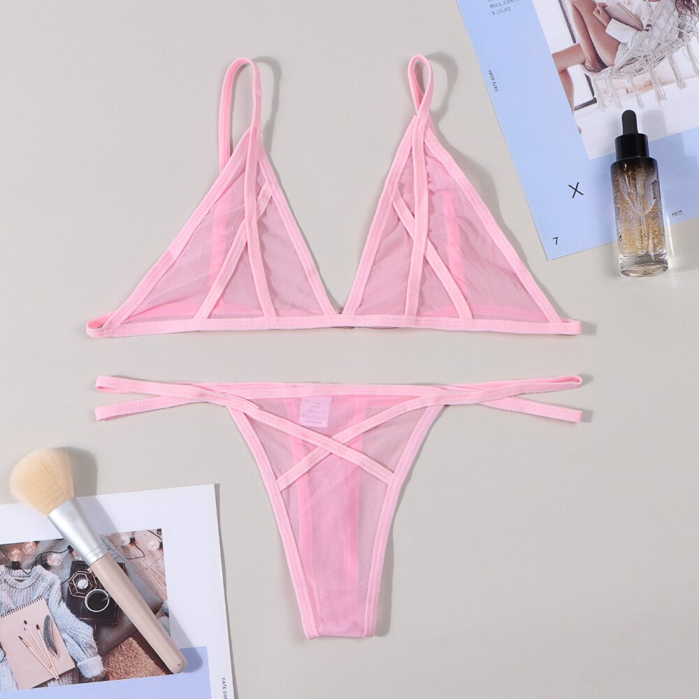 Women Lace Sensual Lingerie Set Sexy Dot Thong Erotic Underwear Mesh See Through Heart Ring Bra Bandage G-string Panties Suit