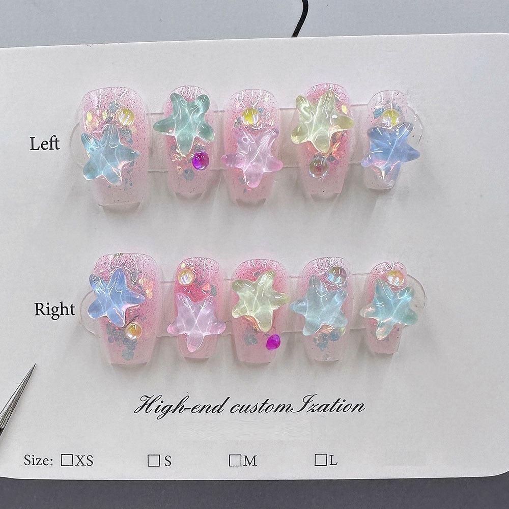 Handmade Press on Full Cover Nails Mocha water wave pattern starfish short reusable finished fake nails
