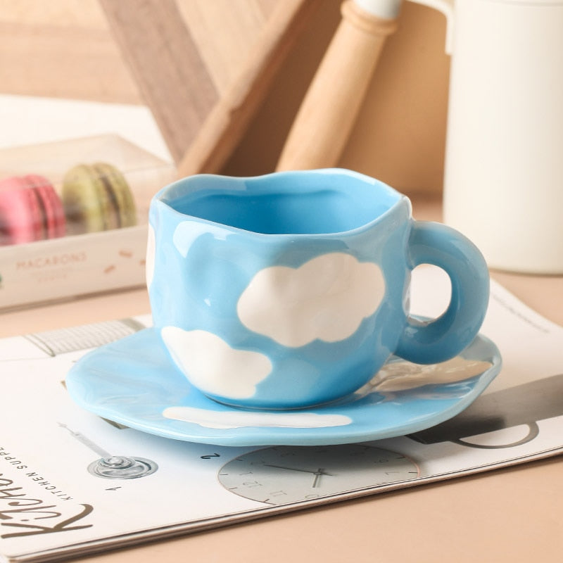 Japanese Hand Painted The Blue Sky and White Clouds Coffee Cup With Saucer Ceramic Handmade Tea Cup Saucer Set Cute Gift For Her