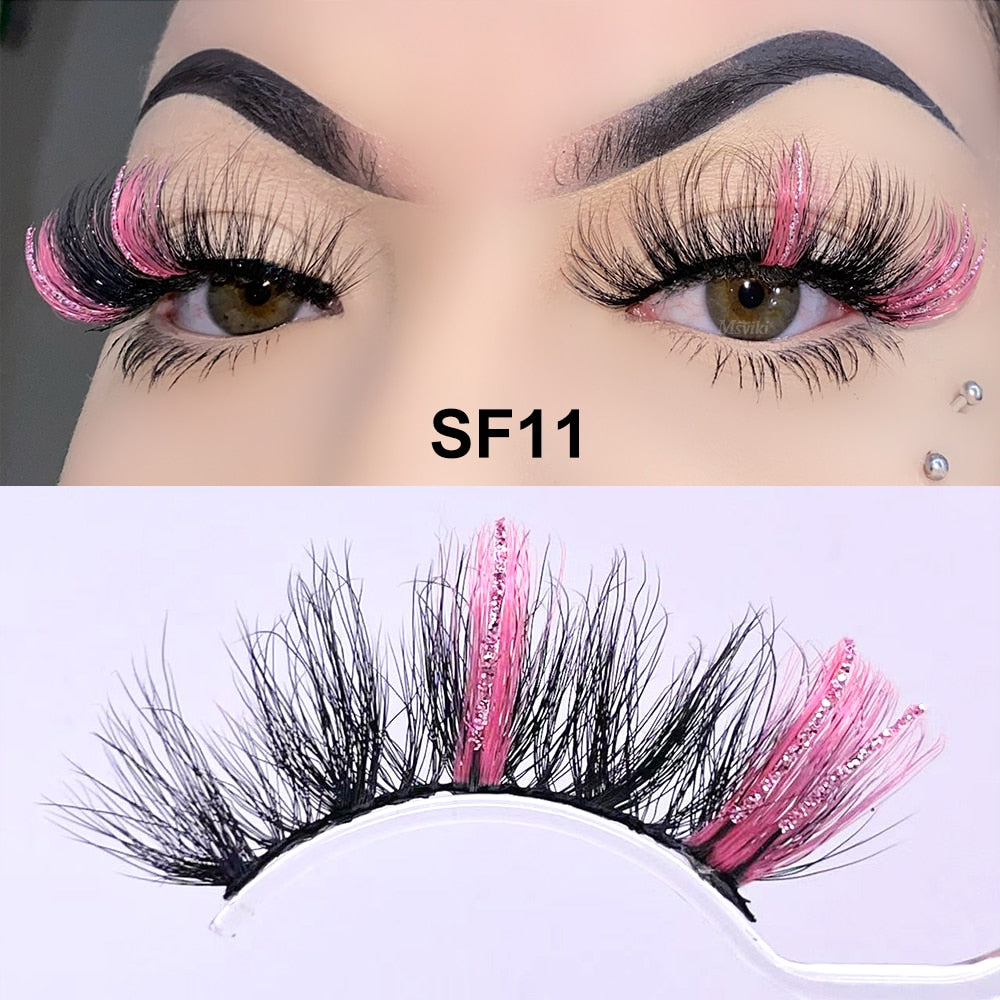5D Fluffy 18-22MM Glitter Mink Lashes 1 Pair Party Colored Mink Eyelashes Box Package Rainbow Pink White Fake Eyelashes