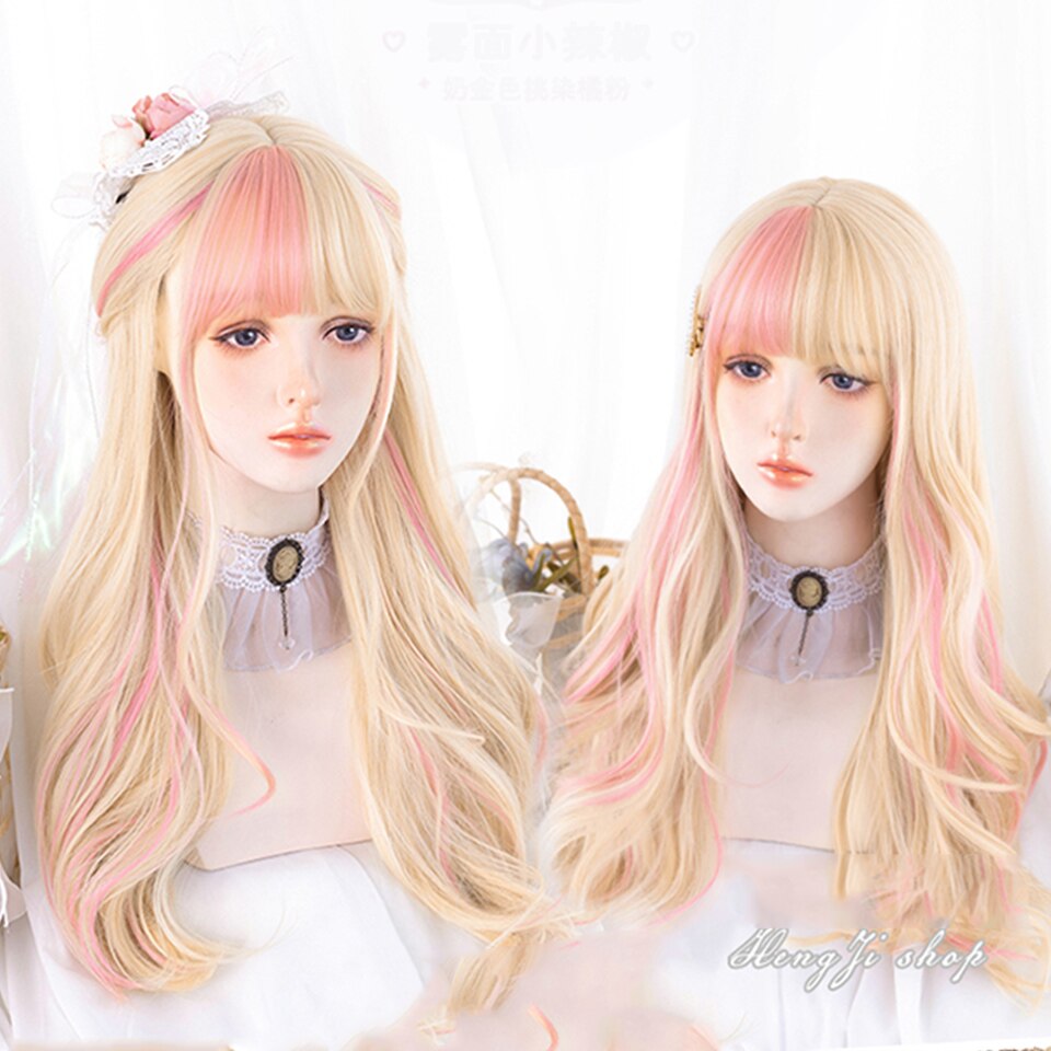 Synthetic long wavy curly hair female cold brown black cosplay Lolita pink purple blue wig heat-resistant bangs