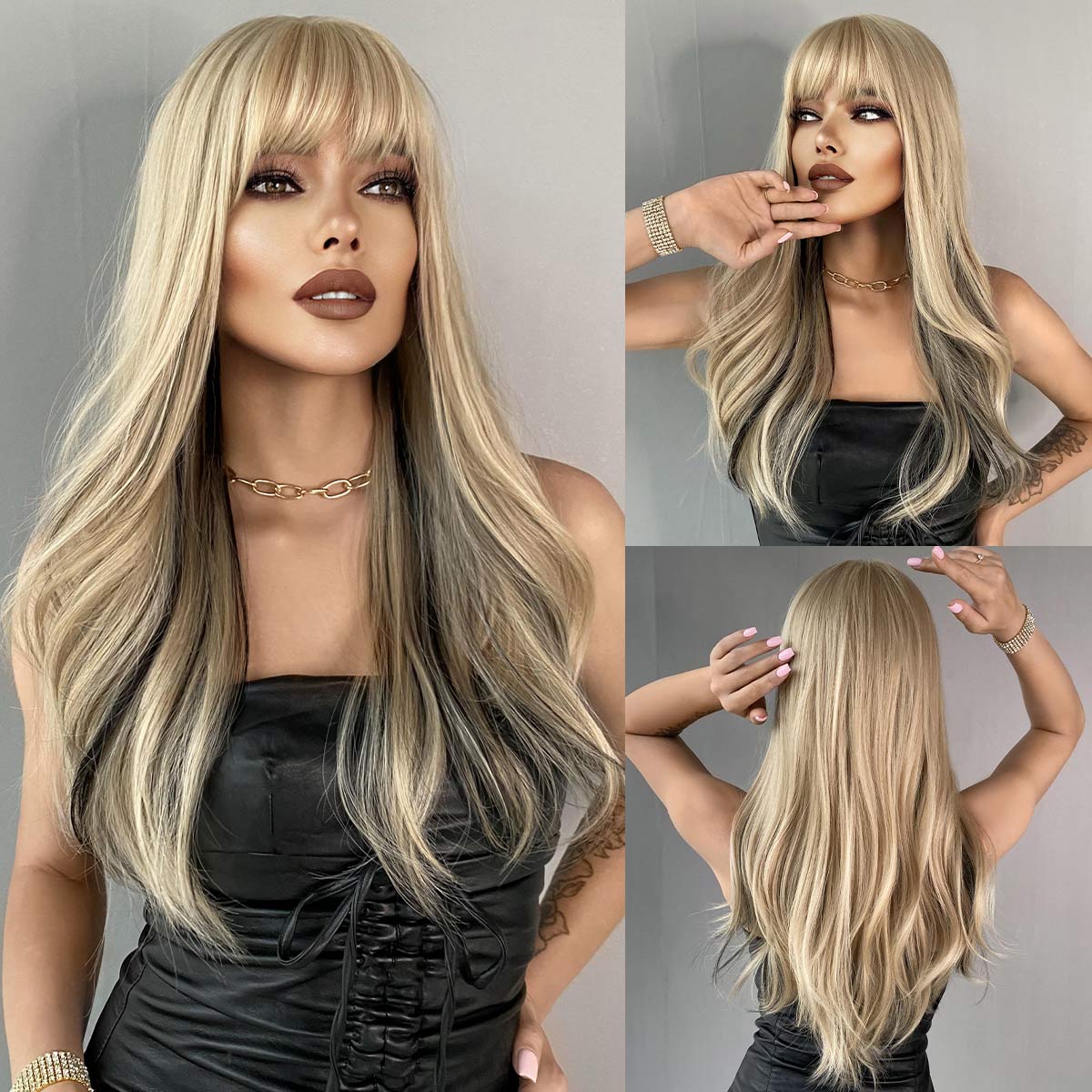 Long Wavy Middle Part Wine Red Wig for Women Daily Cosplay Party Synthetic Highlight Pink Hair Wigs Lolita Heat Resistant