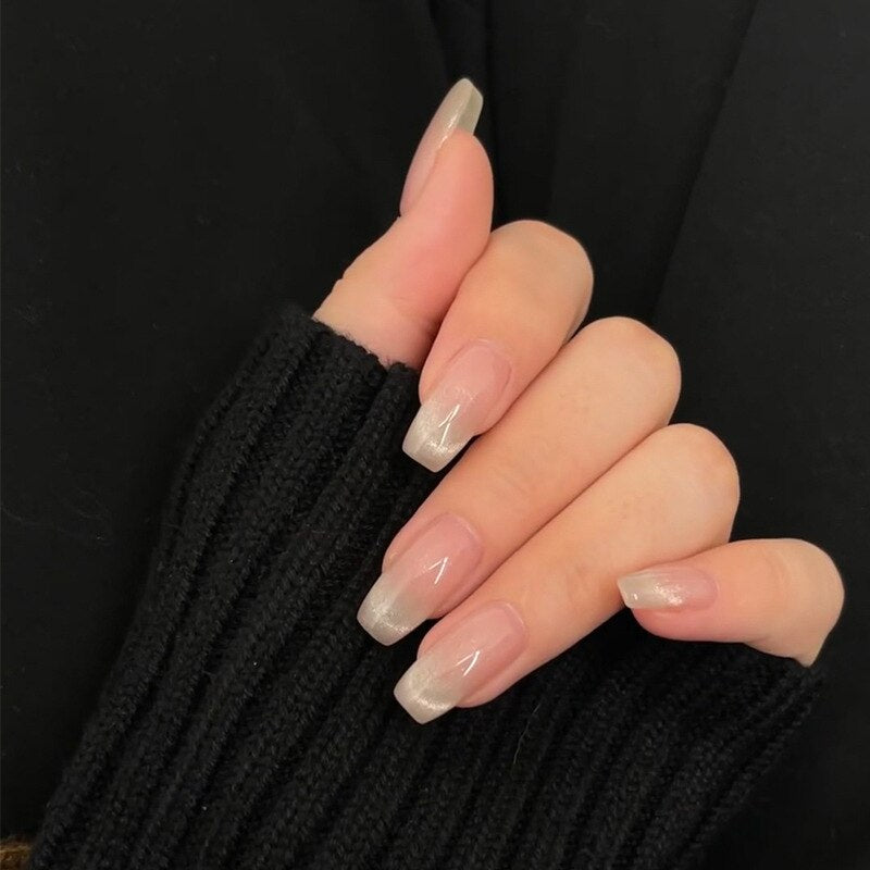 24pcs pink clouds design false nails with glue press on nails medium length acrylic nails coffin full cover nails tips supplies