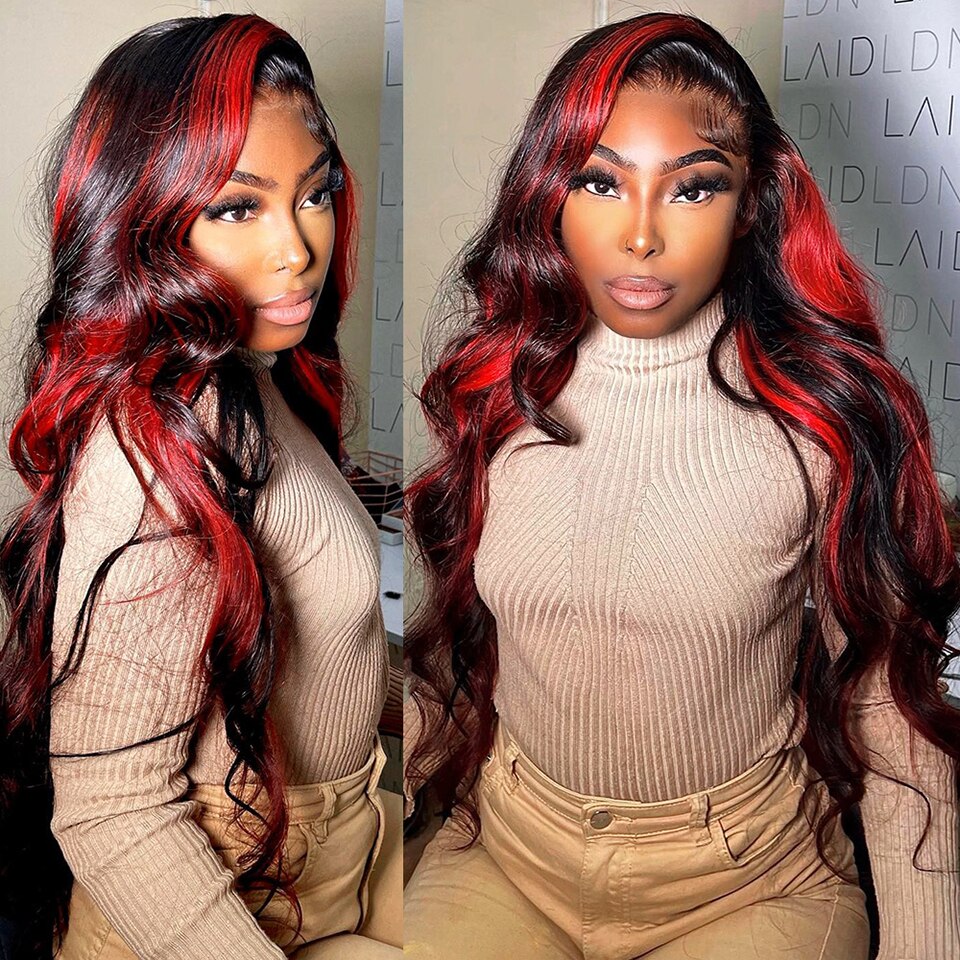 Synthetic Lace Wigs For Women Red With Black Body Wave Glueless Pre Plucked Hairline Wig With Baby Hair Cosplay