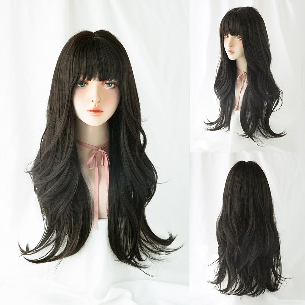 Long Curly Hair Women Wig with Bangs Daily Brown Black Pink Lolita Cosplay Braided Wigs Heat Resistant Fiber