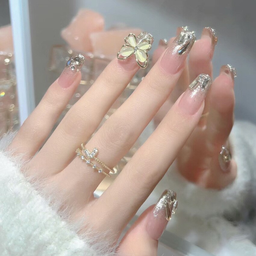 24pcs Butterfly decorated false nails Removable Long Paragraph Manicure fake nail tips full cover acrylic for girls nail