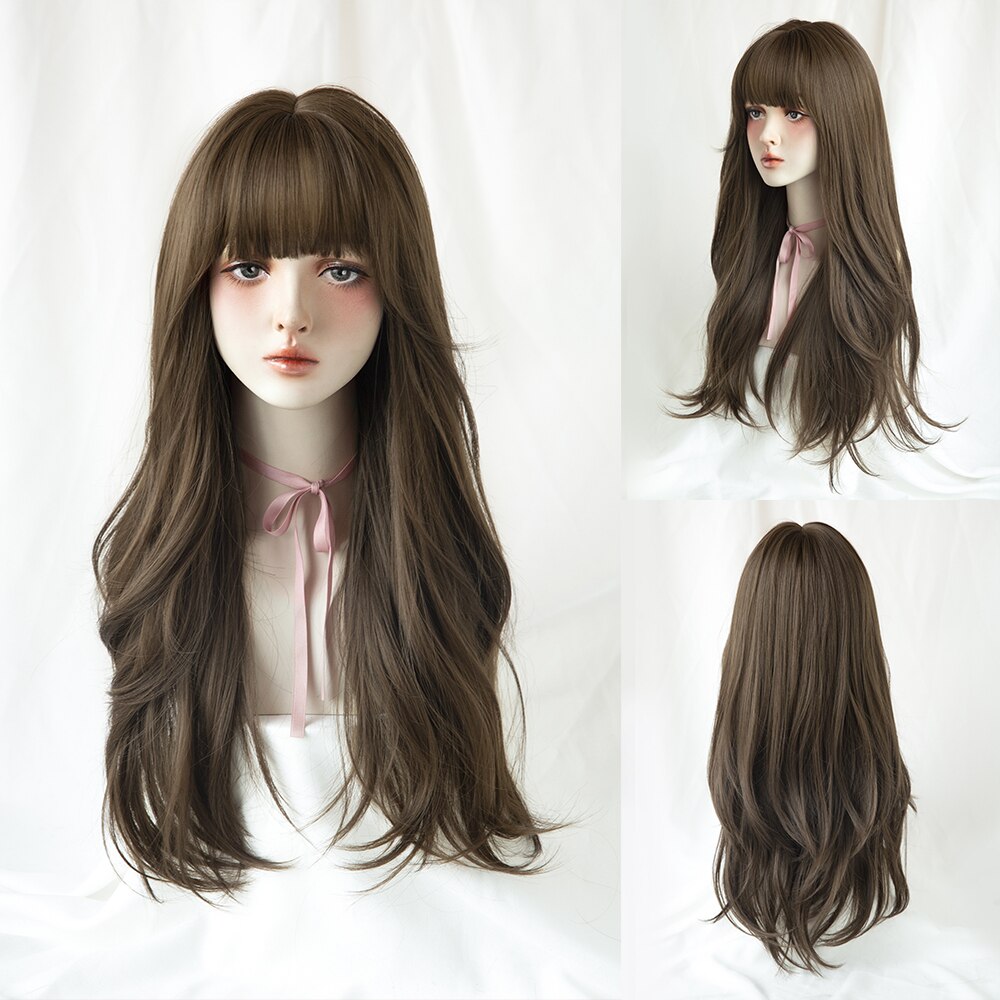 Long Curly Hair Women Wig with Bangs Daily Brown Black Pink Lolita Cosplay Braided Wigs Heat Resistant Fiber