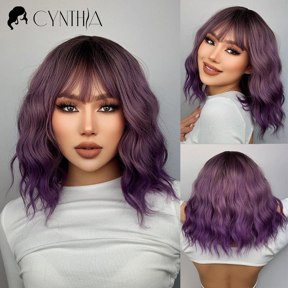 Cynthia Blue Ombre Short Bob Synthetic Wigs For Women With Bangs Body Wave Cosplay Lolita Wig White Natural Heat Resistant Hair