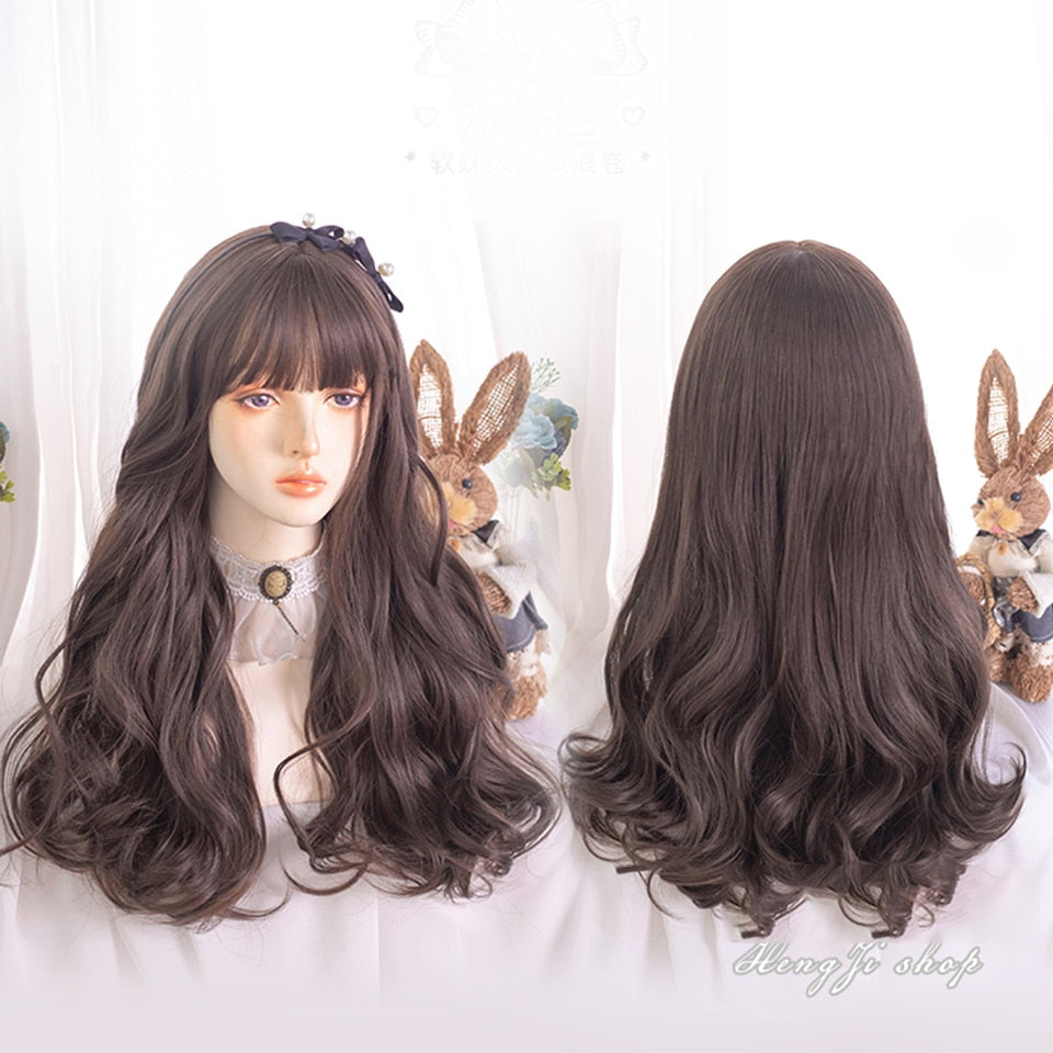 Synthetic long wavy curly hair female cold brown black cosplay Lolita pink purple blue wig heat-resistant bangs