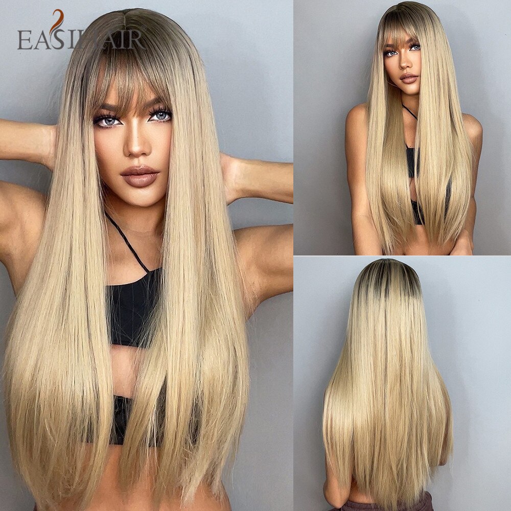Long Straight Bangs Wigs Natural Ombre Dark Brown Synthetic Hair Wig for Women Daily Cosplay Party Heat Resistant Fiber
