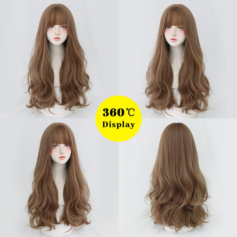 Long Curly Hair Women Wig with Bangs Daily Brown Black Pink Lolita Cosplay Braided Wigs Heat Resistant Fiber