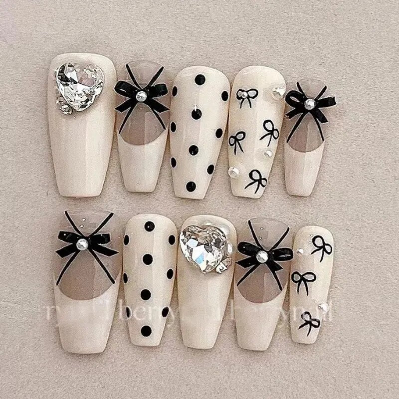 10 Piece For Set White Bow French Style fake nail patch Fairy Dreamy Cute Long T False Nail Art Finished Press On Wearable Nail